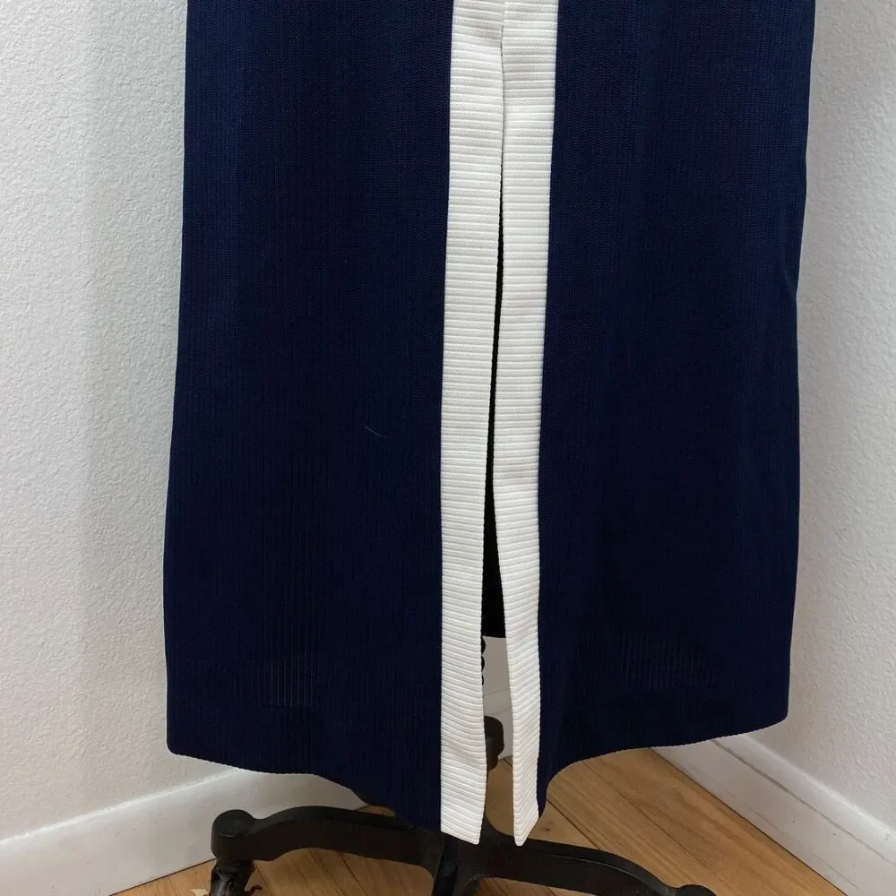 Vintage 70s Navy Blue Ribbed Knit Maxi Dress White Trim Med Dark Academia Boho